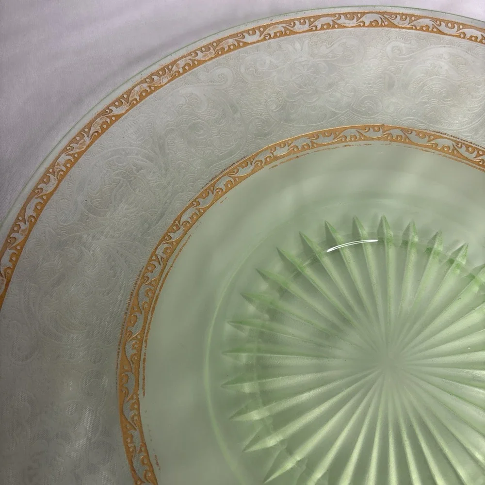Uranium Starburst Antique Green Glass Etched Gilded Plate